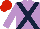 Mauve, dark blue cross sashes, red cap