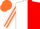 White and red halved horizontally white and orange striped sleeves, quarted cap