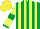 Emerald green and canary yellow stripes, canary yellow sleeves, emerald green armbands and cuffs, yellow cap