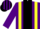 Purple, broad black stripe, yellow braces, purple sleeves, striped cap