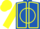 Royal blue, yellow circle and 'l', yellow seams on sleeves, yellow cap, blue 'l'