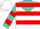 White, turquoise yoke,  turquoise & red hoops, turquoise & red hoops on slvs, white cap