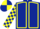 Dark blue, yellow seams, checked sleeves, quartered cap