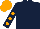 Dark blue, orange spots on sleeves, orange cap