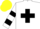 White, black cross belts, hooped sleeves, yellow cap