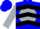 Blue, black 'n' on silver ball on back, black chevrons on silver sleeves