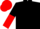 Black, red crossed sashes, halved sleeves, red cap, black peak