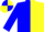 Blue and yellow halved vertically,yellow and blue reversed sleeves, quartered cap