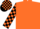 Orange, black crossed sashes, checked sleeves and cap, orange peak