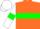 Orange body, green Hoop, white arms, green armlets, white cap, green hooped