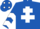 Royal blue, white cross of lorraine, chevrons on sleeves, royal blue cap, white spots
