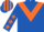 Royal blue, orange chevron, royal blue sleeves, orange stars, striped cap