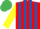 Red and royal blue stripes, yellow sleeves, emerald green cap