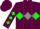 Maroon, green diamond hoop, grey diamond stripe & green diamonds on slvs, maroon cap