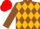 Brown, old gold band of diamonds, brown sleeves, red cap