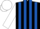 Black and royal blue stripes, white sleeves and cap