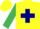 Yellow, navy blue maltese cross, emerald green sleeves, yellow cap