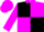 Black and magenta quartered diagonally, magenta sleeves, black cuffs, magenta collar and cap