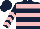 Dark blue, pink hoops, chevrons on sleeves, dark blue cap