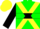 Green, yellow cross sashes, black hoop on sleeves, yellow cap