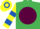 Emerald green, maroon disc, yellow and royal blue hooped sleeves and cap