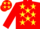 Red, yellow stars, red sleeves, black cap, yellow stars