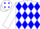 White body, blue diamonds, white arms, blue hooped, white cap, blue diamonds