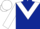 Dark blue body, white chevron, white arms, white cap, dark blue hooped