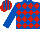 Royal blue and red checked diamonds, royal blue sleeves, striped cap