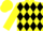 Yellow, black band of diamonds, yellow sleeves, red armband, yellow cap