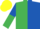 Emerald green and royal blue (halved), sleeves reversed, yellow cap