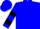 Blue, horse emblem, two black hoops on sleeves, blue cap, black button