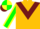 Gold, burgundy chevron, green sleeves, yellow seams, green and yellow qtd cap, burgundy peak