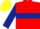Red, dark blue hoop, dark blue sleeves, yellow armlet, yellow cap