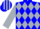 Blue, silver band of diamonds, checked diamond sleeves, striped cap