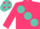 Cerise, large turquoise spots, cerise sleeves, turquoise cap, cerise spots