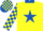 Yellow, royal blue star and collar, checked sleeves and cap, royal blue peak