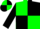 Green and black quartered diagonally, black sleeves, green armbands, quartered cap