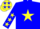 Blue body, yellow star, blue arms, yellow stars, yellow cap, blue stars