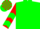 Soft green body, red arms, soft green chevrons, red cap, soft green check