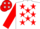 White, red 'b/m', white framed red stars on red sleeves