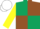 Dark green and brown (quartered), yellow sleeves, white cap
