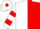 White & red halved, hooped sleeves, red diamond on cap