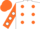 White, orange dots, orange sleeves, white dots, orange cap