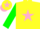 yellow, pink star, green sleeves,pink cuffs,yellow cap,pink star and peak