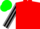Red, grey and black striped sleeves, green cap, navy blue peak
