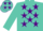 Turquoise, purple stars, turquoise sleeves, purple armbands, turquoise cap, purple stars
