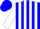 Blue, grey braces, white stripes on sleeves, blue cap