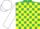 Emerald green and yellow checked, white sleeves and cap