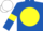 Royal Blue, Yellow disc and armlets, White cap